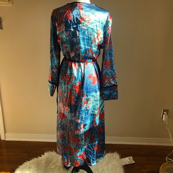 Beautiful Kimono maxi dress teal floral stain design dress feitong EUC - Picture 5 of 9